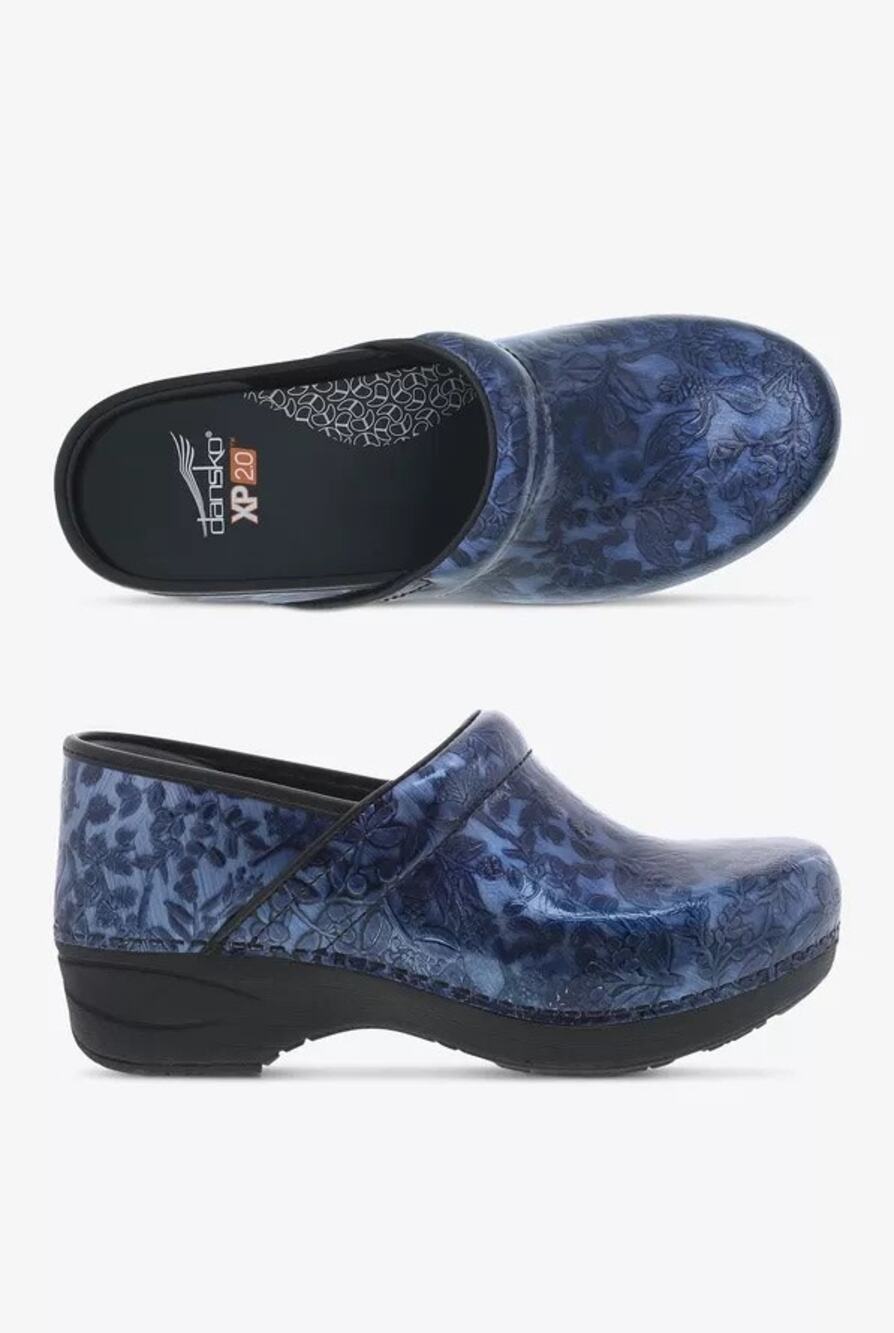 Dansko Women's XP 2.0 Navy Embossed Floral Patent Leather Nursing Clogs Size 39